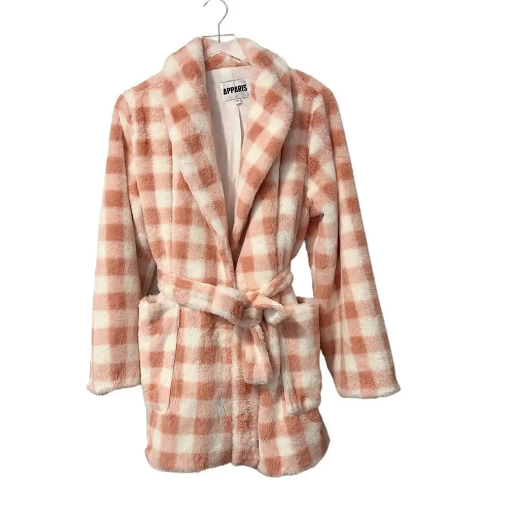 APPARIS Faux Fur Coat size Large Pink White Gingham Plaid Teddy Cozy Tie Waist